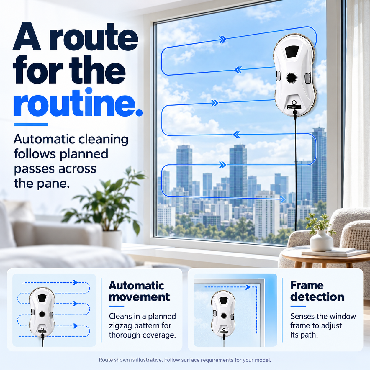 A route for the routine. — Automatic movement and frame detection guide the cleaning path.
